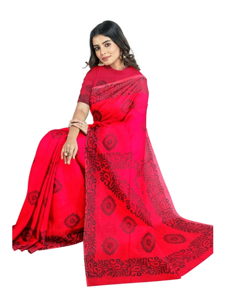 Woven Red Cotton Silk Handloom Printed Saree with Blouse Piece-Red-Sari-Cotton Silk-One Size-Adult-Female-3
