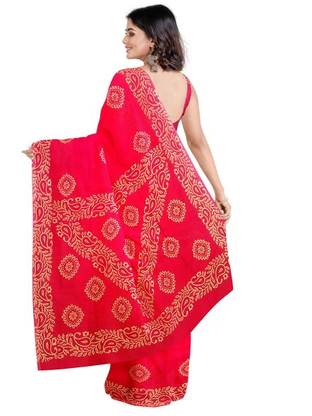 Woven Red Cotton Silk Handloom Printed Saree with Blouse Piece-Red-Sari-Cotton Silk-One Size-Adult-Female-1