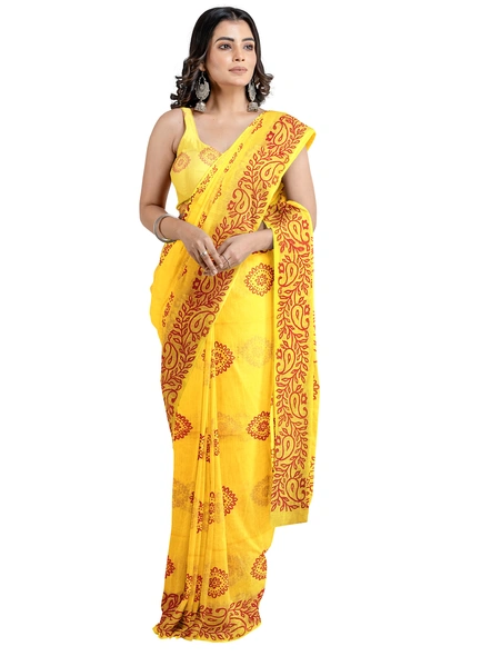 Woven Yellow Cotton Silk Handloom Printed Saree with Blouse Piece-AS-200BC207