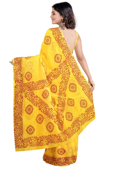 Woven Yellow Cotton Silk Handloom Printed Saree with Blouse Piece-Yellow-Sari-Cotton Silk-One Size-Adult-Female-1