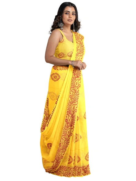 Woven Yellow Cotton Silk Handloom Printed Saree with Blouse Piece-Yellow-Sari-Cotton Silk-One Size-Adult-Female-2