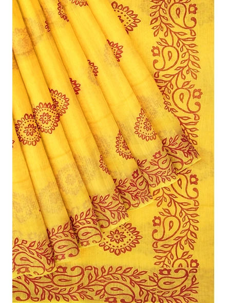 Woven Yellow Cotton Silk Handloom Printed Saree with Blouse Piece-Yellow-Sari-Cotton Silk-One Size-Adult-Female-4