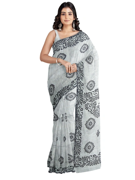 Woven Silver Grey Cotton Silk Handloom Printed Saree with Blouse Piece-AS-200BC208