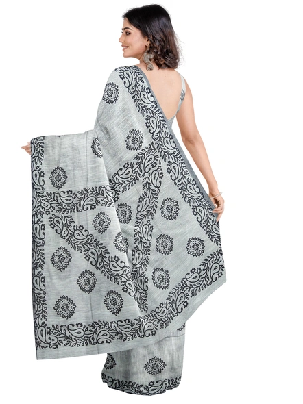 Woven Silver Grey Cotton Silk Handloom Printed Saree with Blouse Piece-Grey-Sari-Cotton Silk-One Size-Adult-Female-1