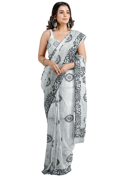 Woven Silver Grey Cotton Silk Handloom Printed Saree with Blouse Piece-Grey-Sari-Cotton Silk-One Size-Adult-Female-2