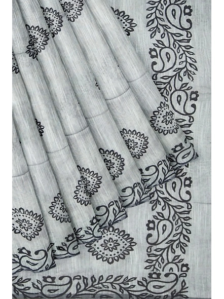 Woven Silver Grey Cotton Silk Handloom Printed Saree with Blouse Piece-Grey-Sari-Cotton Silk-One Size-Adult-Female-4