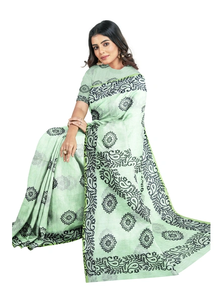 Woven Light Green Cotton Silk Handloom Printed Saree with Blouse Piece-Green-Sari-Cotton Silk-One Size-Adult-Female-3