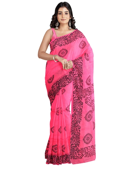Woven Rani Pink Cotton Silk Handloom Printed Saree with Blouse Piece-AS-200BC211