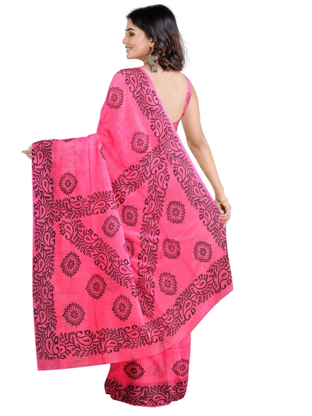 Woven Rani Pink Cotton Silk Handloom Printed Saree with Blouse Piece-Pink-Sari-Cotton Silk-One Size-Adult-Female-1