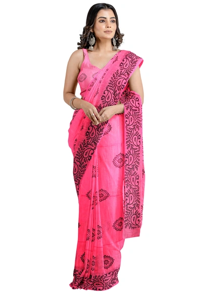 Woven Rani Pink Cotton Silk Handloom Printed Saree with Blouse Piece-Pink-Sari-Cotton Silk-One Size-Adult-Female-2