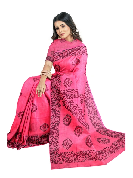 Woven Rani Pink Cotton Silk Handloom Printed Saree with Blouse Piece-Pink-Sari-Cotton Silk-One Size-Adult-Female-3