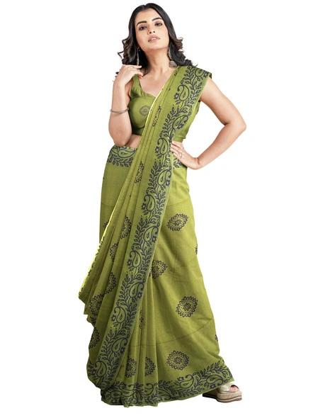 Woven Olive Green Cotton Silk Handloom Printed Saree with Blouse Piece-AS-200BC212