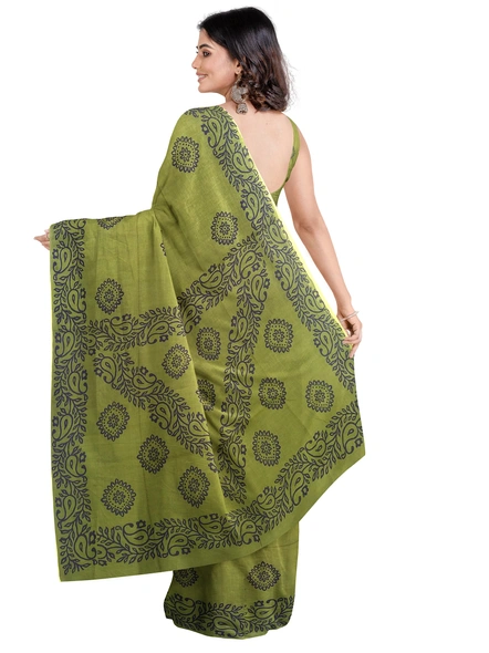 Woven Olive Green Cotton Silk Handloom Printed Saree with Blouse Piece-Green-Sari-Cotton Silk-One Size-Adult-Female-1