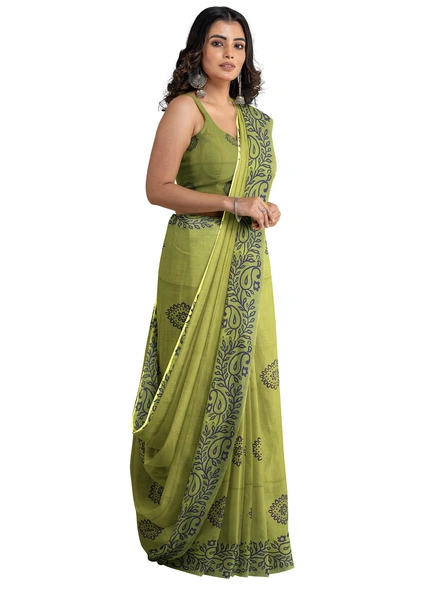 Woven Olive Green Cotton Silk Handloom Printed Saree with Blouse Piece-Green-Sari-Cotton Silk-One Size-Adult-Female-2