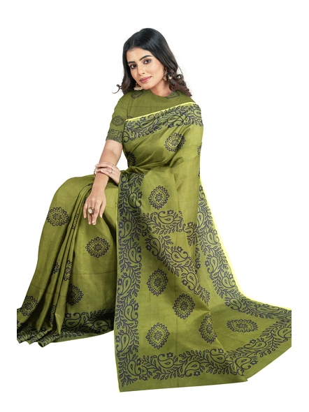 Woven Olive Green Cotton Silk Handloom Printed Saree with Blouse Piece-Green-Sari-Cotton Silk-One Size-Adult-Female-3