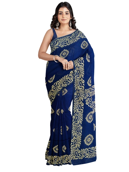 Woven Dark Blue Cotton Silk Handloom Printed Saree with Blouse Piece-AS-200BC213
