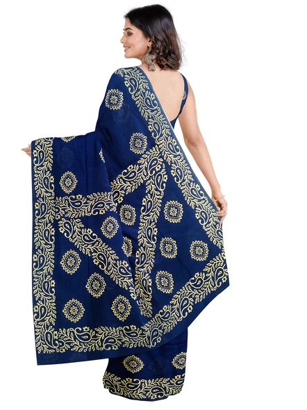 Woven Dark Blue Cotton Silk Handloom Printed Saree with Blouse Piece-Blue-Sari-Cotton Silk-One Size-Adult-Female-1