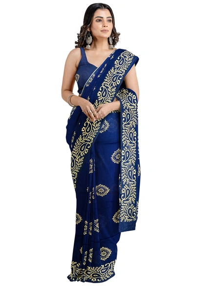 Woven Dark Blue Cotton Silk Handloom Printed Saree with Blouse Piece-Blue-Sari-Cotton Silk-One Size-Adult-Female-2