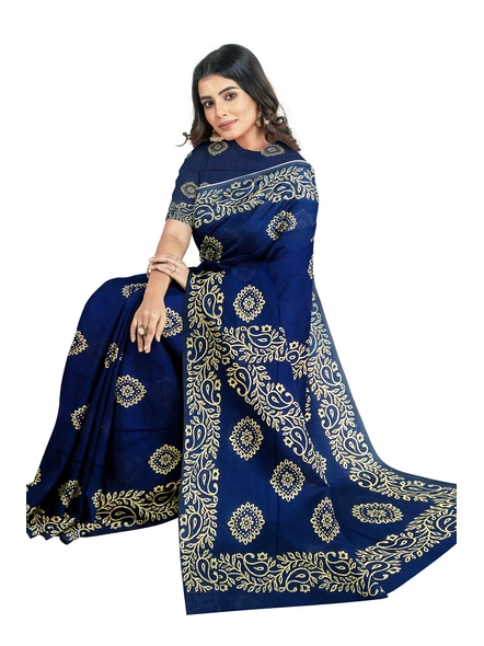 Woven Dark Blue Cotton Silk Handloom Printed Saree with Blouse Piece-Blue-Sari-Cotton Silk-One Size-Adult-Female-3