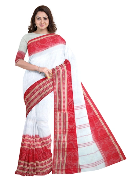 White Cotton Handloom Begumpuri Saree with Blouse Piece-AS-200CT174
