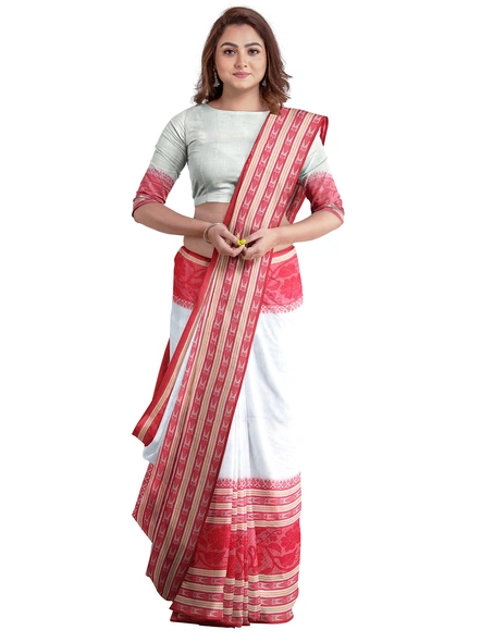 White Cotton Handloom Begumpuri Saree with Blouse Piece-white-Sari-Cotton-One Size-Adult-Female-3