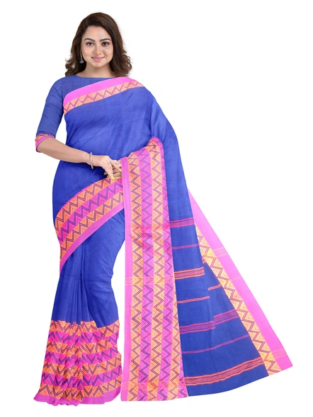 Blue Cotton Handloom Begumpuri Saree with Blouse Piece-AS-200CT186