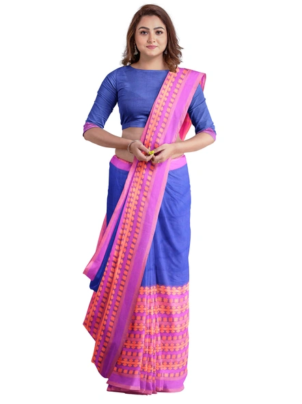Blue Cotton Handloom Begumpuri Saree with Blouse Piece-blue-Sari-Cotton   -One Size-Adult-Female-3