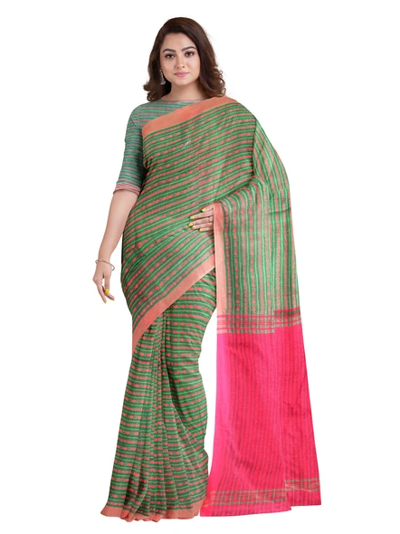 Green Cotton Handloom Santipuri Saree with Blouse Piece-AS-200CT187
