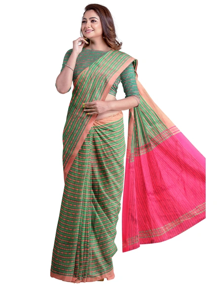 Green Cotton Handloom Santipuri Saree with Blouse Piece-green-Sari-Cotton-One Size-Adult-Female-4