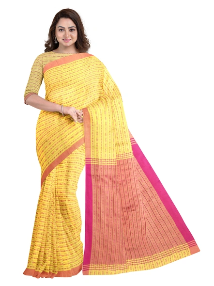 Yellow Cotton Handloom Santipuri Saree with Blouse Piece-AS-200CT188