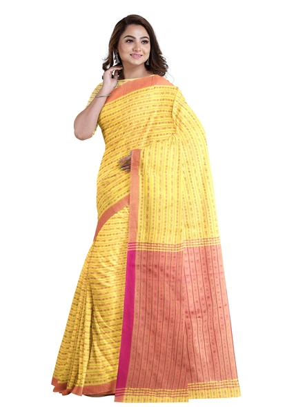 Yellow Cotton Handloom Santipuri Saree with Blouse Piece-yellow-Sari-Cotton-One Size-Adult-Female-2