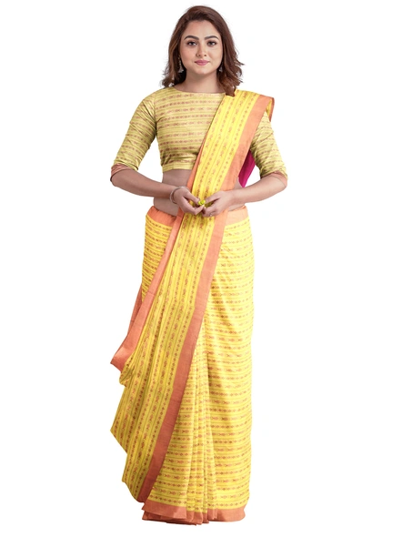 Yellow Cotton Handloom Santipuri Saree with Blouse Piece-yellow-Sari-Cotton-One Size-Adult-Female-3