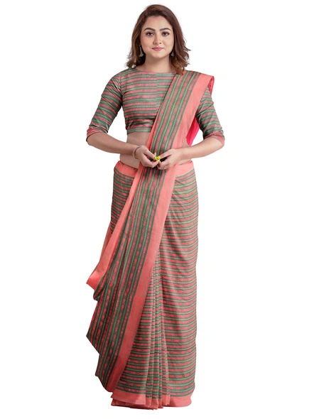 Green Cotton Handloom Santipuri Saree with Blouse Piece-green-Sari-Cotton   -One Size-Adult-Female-3