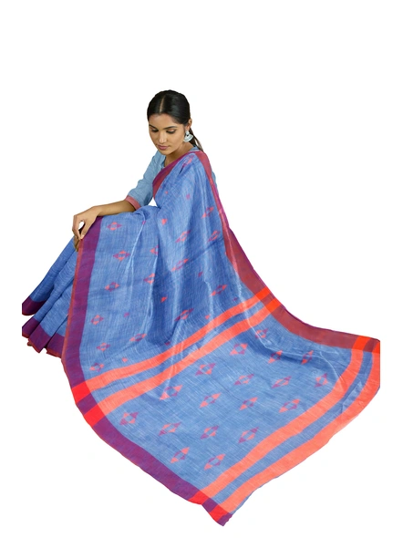 Sky Blue Handloom Santipuri Cotton Jamdani Weave Saree with Blouse Piece-sky blue-Sari-Cotton-One Size-Adult-Female-2