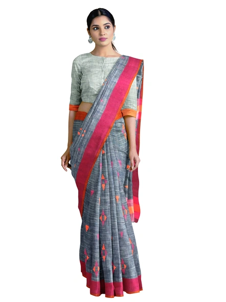 Navy Blue Handloom Santipuri Cotton Jamdani Weave Saree with Blouse Piece-AS-200CT238