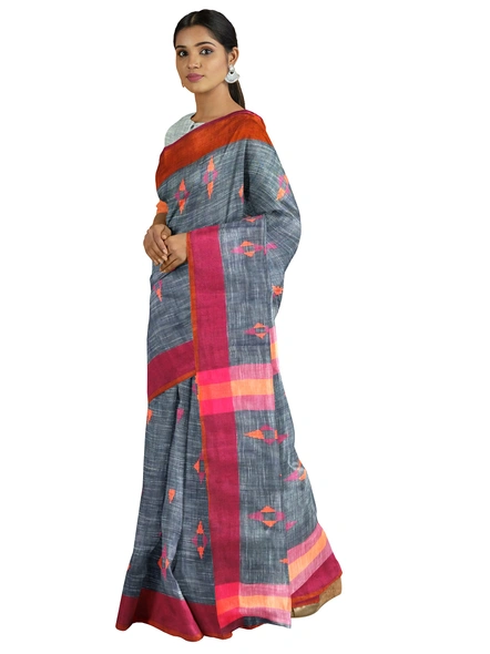 Navy Blue Handloom Santipuri Cotton Jamdani Weave Saree with Blouse Piece-navy blue-Sari-Cotton   -One Size-Adult-Female-2