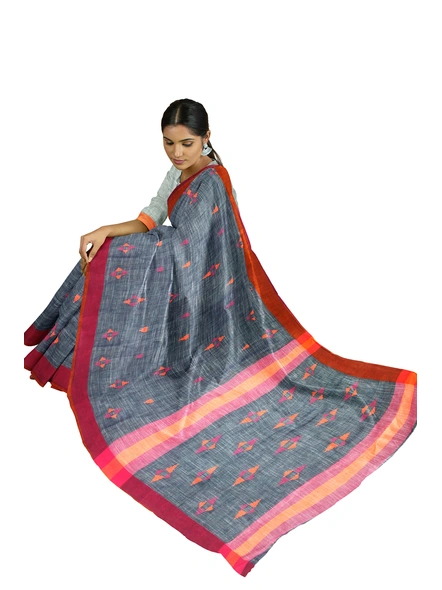 Navy Blue Handloom Santipuri Cotton Jamdani Weave Saree with Blouse Piece-navy blue-Sari-Cotton   -One Size-Adult-Female-3