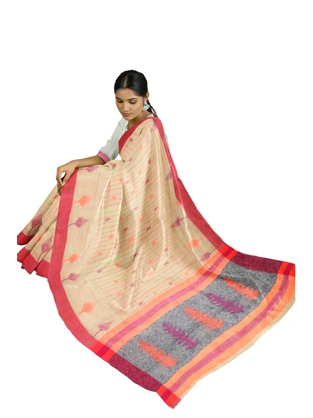 Cream Handloom Santipuri Cotton Jamdani Weave Saree with Blouse Piece-cream-Sari-Cotton-One Size-Adult-Female-2