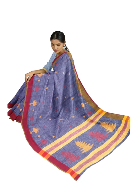 Blue Handloom Santipuri Cotton Jamdani Weave Saree with Blouse Piece-blue-Sari-Cotton   -One Size-Adult-Female-4