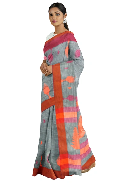 Grey Handloom Santipuri Cotton Jamdani Weave Saree with Blouse Piece-AS-200CT242