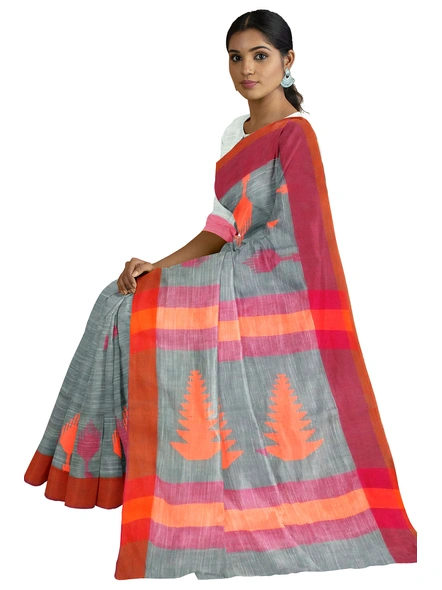 Grey Handloom Santipuri Cotton Jamdani Weave Saree with Blouse Piece-grey-Sari-Cotton-One Size-Adult-Female-2