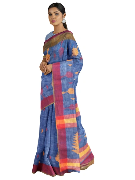 Blue Handloom Santipuri Cotton Jamdani Weave Saree with Blouse Piece-AS-200CT243