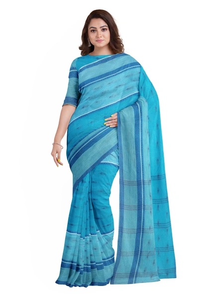 Sky Blue Handloom Santipuri Tant Cotton Saree-AS-200CT246