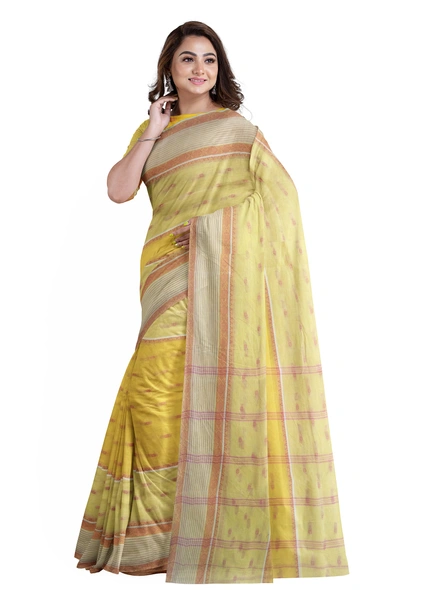 Yellow Handloom Santipuri Tant Cotton Saree-yellow-Sari-Cotton-One Size-Adult-Female-4