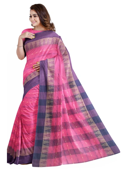 Pink Handloom Santipuri Tant Cotton Saree-pink-Sari-Cotton   -One Size-Adult-Female-2