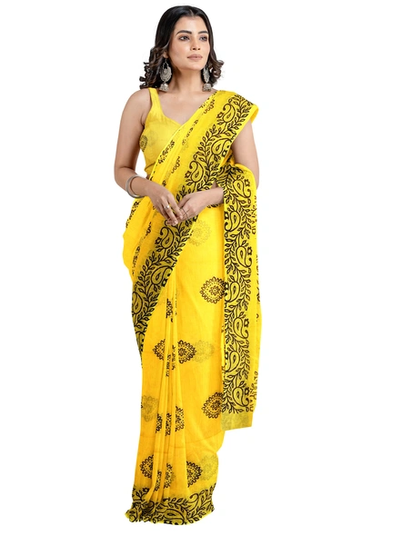Woven Yellow Cotton Silk Handloom Printed Jamdani Saree-yellow-Sari-Cotton Silk-One Size-Adult-Female-2