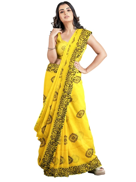Woven Yellow Cotton Silk Handloom Printed Jamdani Saree-yellow-Sari-Cotton Silk-One Size-Adult-Female-3