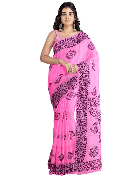 Woven Pink Cotton Silk Handloom Printed Jamdani Saree-AS-200BC216