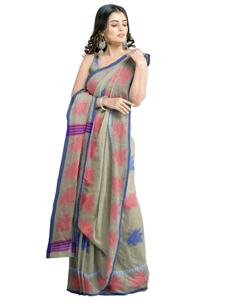 Woven Beige Cotton Silk Handloom Jamdani Weave Santipuri Saree with Blouse Piece-AS-200BC219