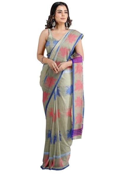 Woven Beige Cotton Silk Handloom Jamdani Weave Santipuri Saree with Blouse Piece-beige-Sari-Cotton Silk-One Size-Adult-Female-2